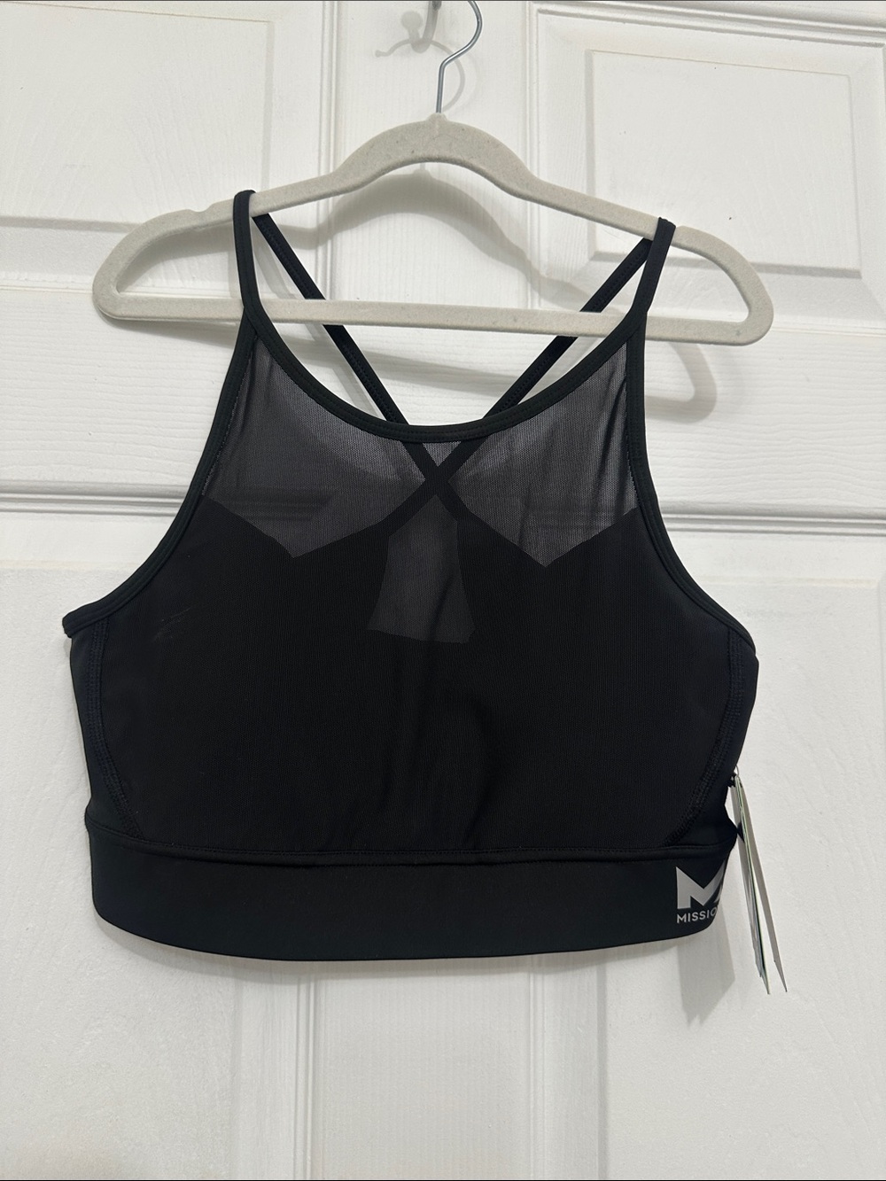 High-Neck Black Mesh Crop Sports Bra by MISSION